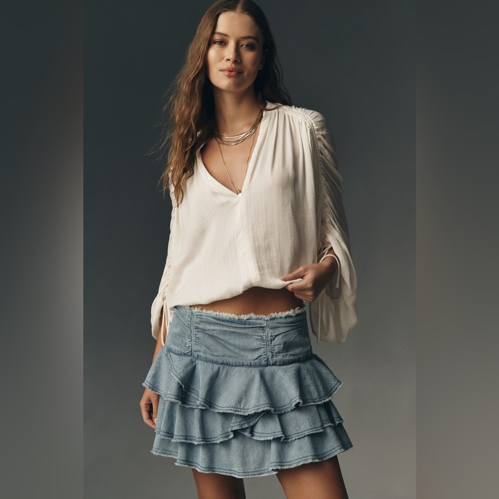 NWT! By Anthropologie Ruffled Denim Mini Skirt - Size XL 🏓